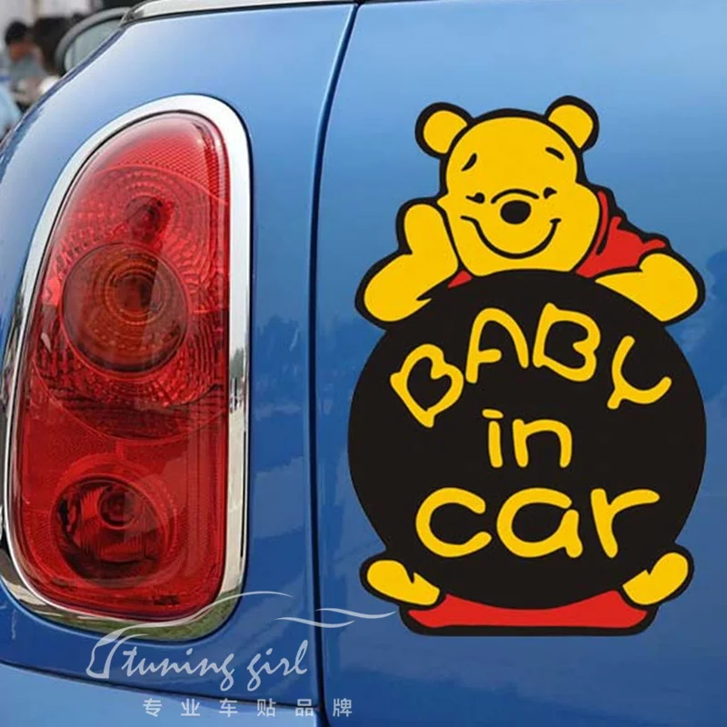 17*12CM Car Stickers Winnie Teddy Bear Baby In Car On Board Cartoon Lovely Reflective Decoration For Windshield Bumper Trunk D30