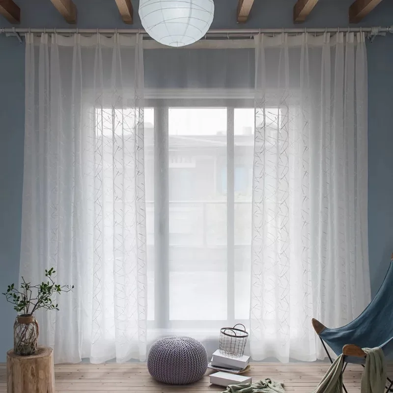 Simple White Embroidery Tulle Curtains for Bedroom New Geometry Window Modern Curtains for Living Room Blind Voile Custom Size