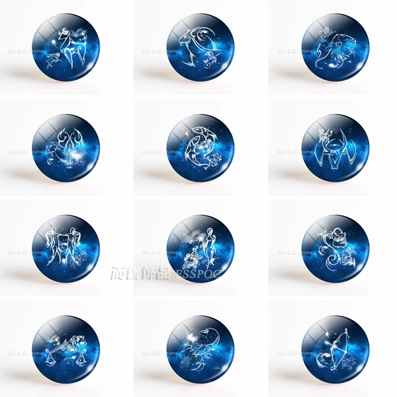 12 Horoscope Birthday Gift Cute Cabochon Zodiac Pisces Signs Aries Leo Constellations Virgo Pisces Jewelry Glass Women 5PCS/SET