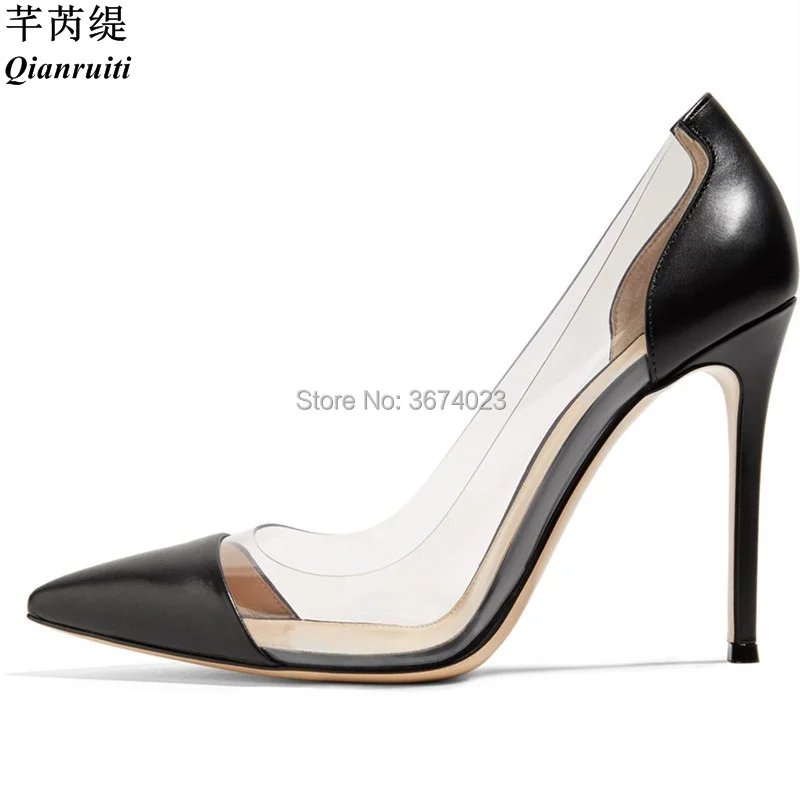 

Qianruiti Shoes Women Plexi 10 cm Pointed Toe Dress Lucite Pumps PVC Panels Slim Heels Patchwork Shoes Women More Colors