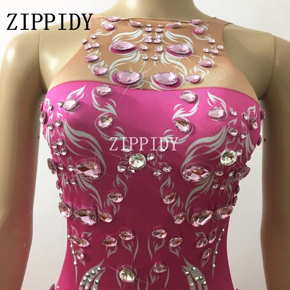 Sparkly Rhinestones Pink sleeveless Jumpsuit Female Singer Birthday Celebrate Outfit Costume Bling Design Performance Dance Wear