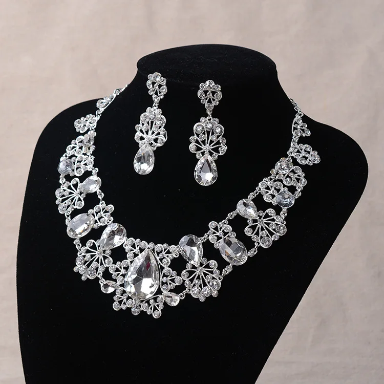 Fashion Rhinestone Costume Jewelry Sets Silver Color Crystal Statement Necklace Earrings Set Wedding African Beads Jewelry Set