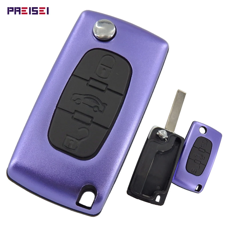 

PREISEI New Aluminum Purple CE0523 Blade Groove 3 Buttons Flip Remote Key Case For Peugeot 407 Car Key Fob