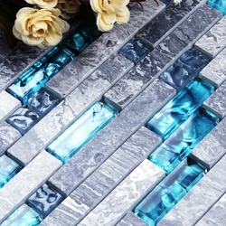 Long Strip Grey Marble Stone Blue Resin mix Crystal Glass Mosaic Tile Kitchen Splashback Bathroom Wall Tile