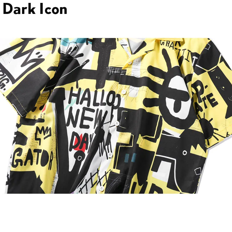 Dark Icon Graffitti Retro Shirts 2024 Summer Street Men\'s Shirt Short Sleeve Turn-down Collar Vintage Shirts for Men