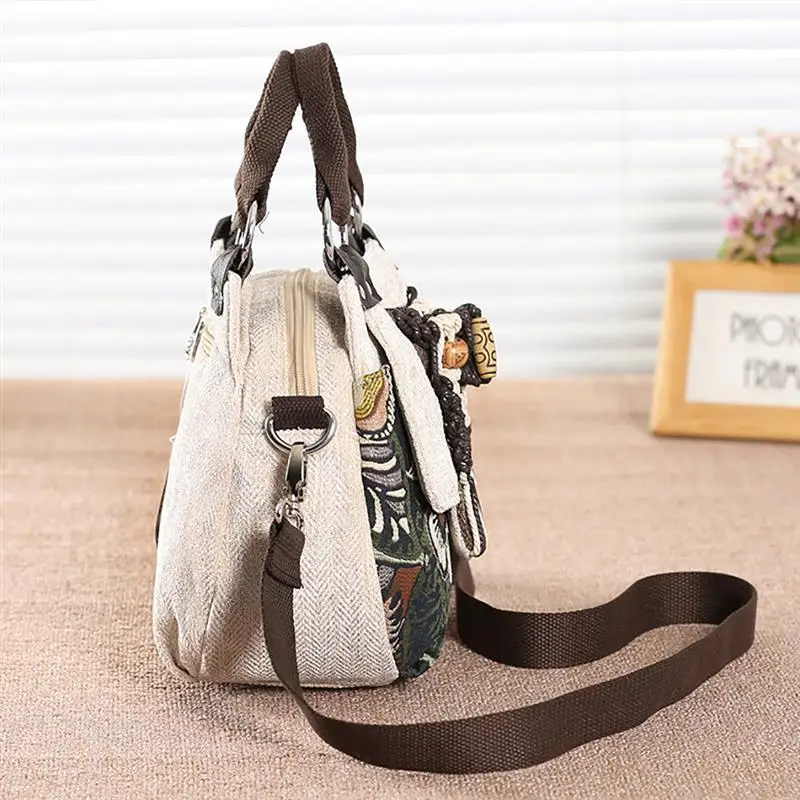 Retro Embroidery Women Handbag National Style Ethnic Canvas Totes Wood Beads Double Layered Travel Shoulder Bag Sac Femme Bolsos