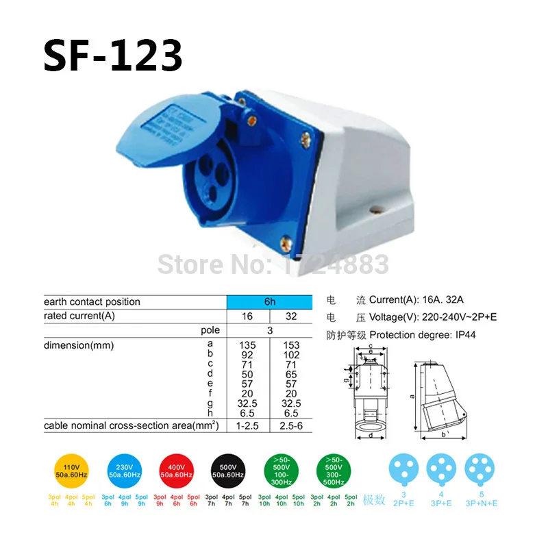 32A 3 pole connector Industrial male&female sockets SF-123/SF-323/SF-423/SF-523/SF-623/SF-123L waterproof IP44 220-240V~2P+E