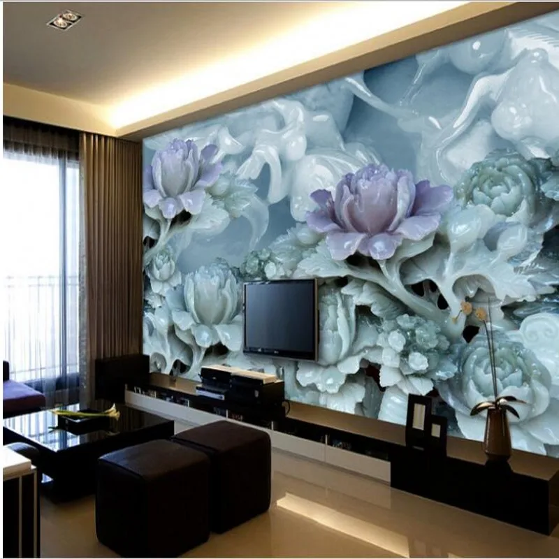 

wellyu Custom large - scale murals high - definition jade carving lotus fresco TV background wall wallpaper papel de parede