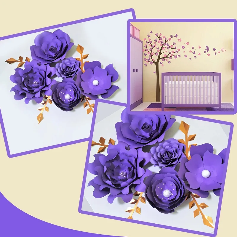 Handmade Purple Rose DIY Paper Flowers Leaves Set For Party Wedding Backdrops Decorations Nursery Wall Deco Video Tutorials