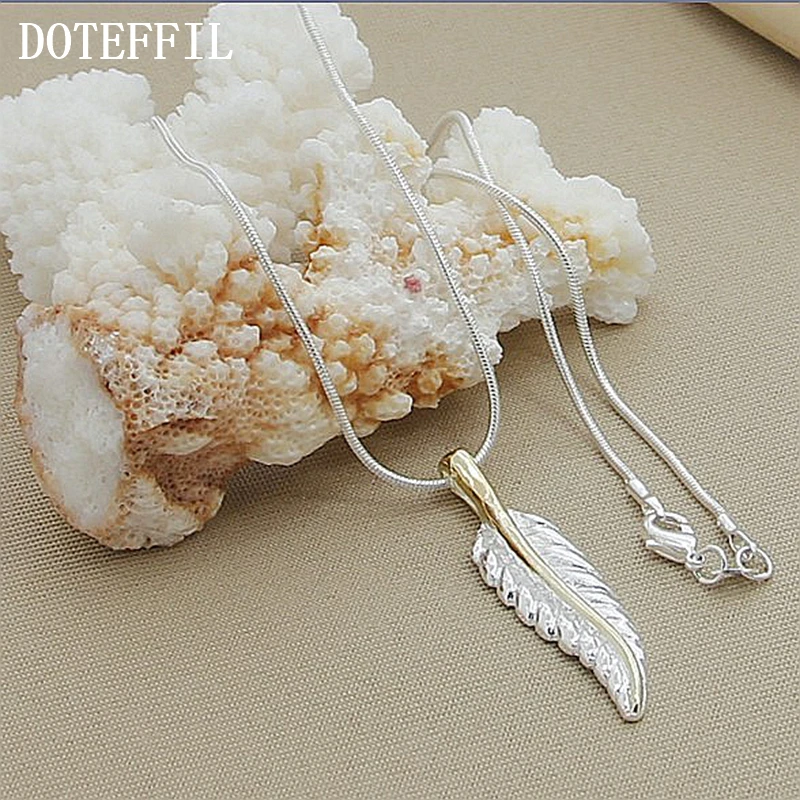 DOTEFFIL 925 Sterling Silver Feather Pendant Necklace 18 Inch Snake Chain For Women  Wedding Engagement Party Jewelry Gift