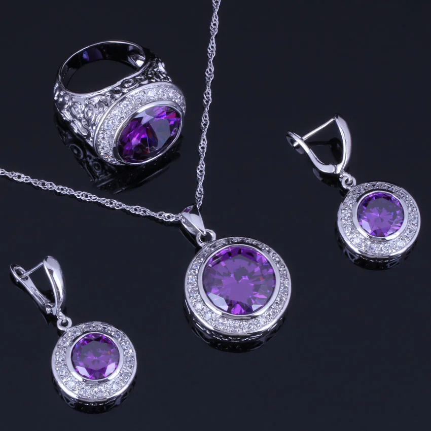 Very Good Round Purple Cubic Zirconia White CZ Silver Plated Jewelry Sets Earrings Pendant Chain Ring V0991