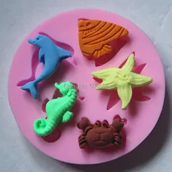 Dolphins Crab Starfish Hippocampus Mini Mold Silicone Chocolate Fondant Candy Mold DIY Cake Decorating    FM085