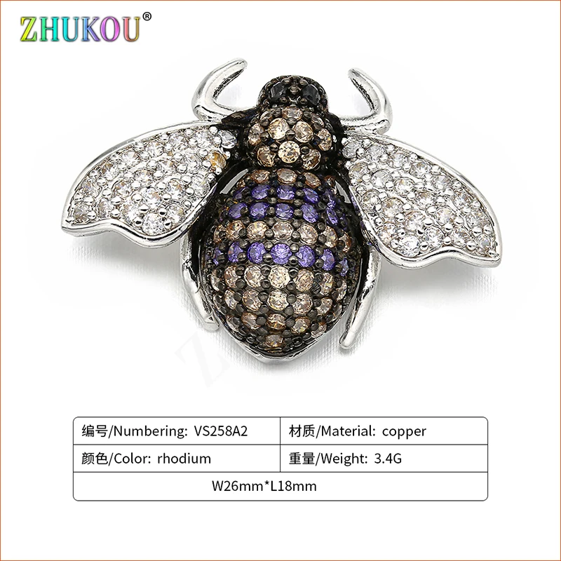26*18mm Handmade Brass Cubic Zirconia Bees Charms Connectors for Diy Jewelry Findings, Hole: 1.5mm, Model: VS258