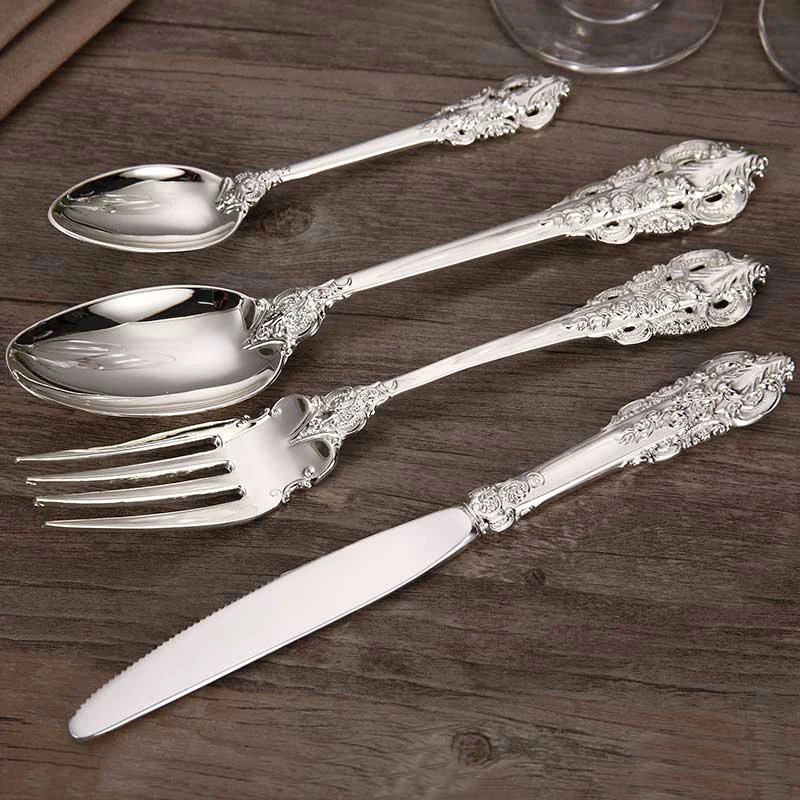 4-24pcs Luxury Wedding  Silverware set Silver Plated Dinnerware Dinner Knife Fork Spoon Teaspoon Retro Cutlery Kitchen Tableware