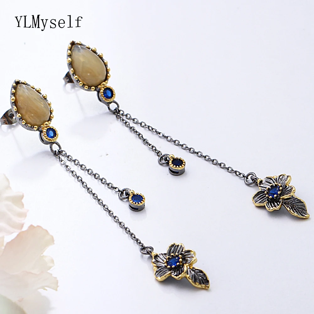 

97mm long chain beautiful drop earring Lt yellow stones blue color crystal female Jewelry & Accessories earrings for women