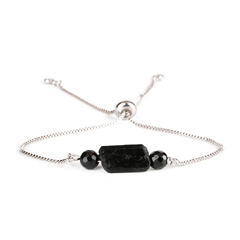 Natural Rough Black Tourmaline Mineral Precious Healing Stone & Faceted Onyx Bead Stone Link Adjustable Bracelets for Women Man