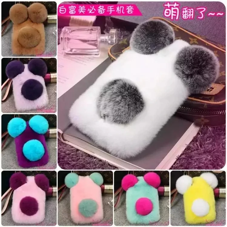 Super Cute PANDA Real Rex Rabbit Fur Phone Case For Iphone X XR XS Max 7 6 6S Plus 5C 5S 4 for Samsung Galaxy S7 S6 Edge S5 S4