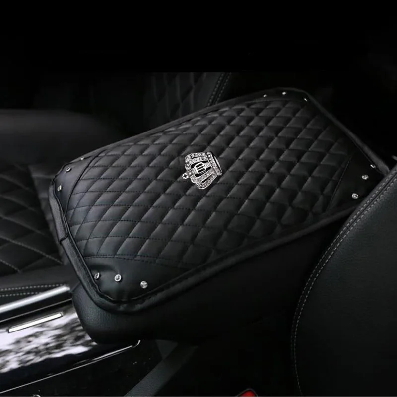 

PU Leather Car Armrests Box Cover Pad Crown Crystal Rhinestone Vehicle Center Console Arm Rest Box Cushion Covers Protector