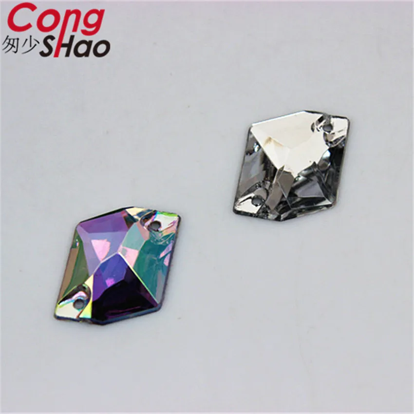 Cong Shao 100pcs 13*17mm Rhombus Irregular shape Crystal Acrylic Rhinestone flatback sewing 2 Hole Wedding Dress Button CS227