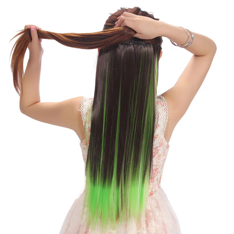 Jeedou Straight Synthetic Hair 5Clips Clip in One Piece Hair Extension Blue Brown Green Pink Highlighted Piano Color