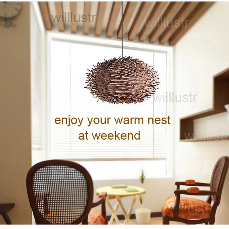 

Willlustr Bird Nest Wicker Pendant Lamp Lighting Bar Hotel Restaurant Mall Lounge Porch Dinning Room Handmade Suspension Light