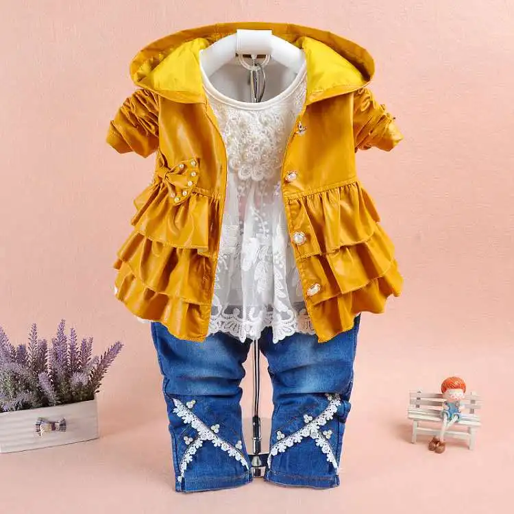 6m-3Years Spring Autumn Baby Girls Clothing Set 3pcs Long Sleeve White Cotton T Shirt Pu Leather Hoodie Jacket and Denim Jeans