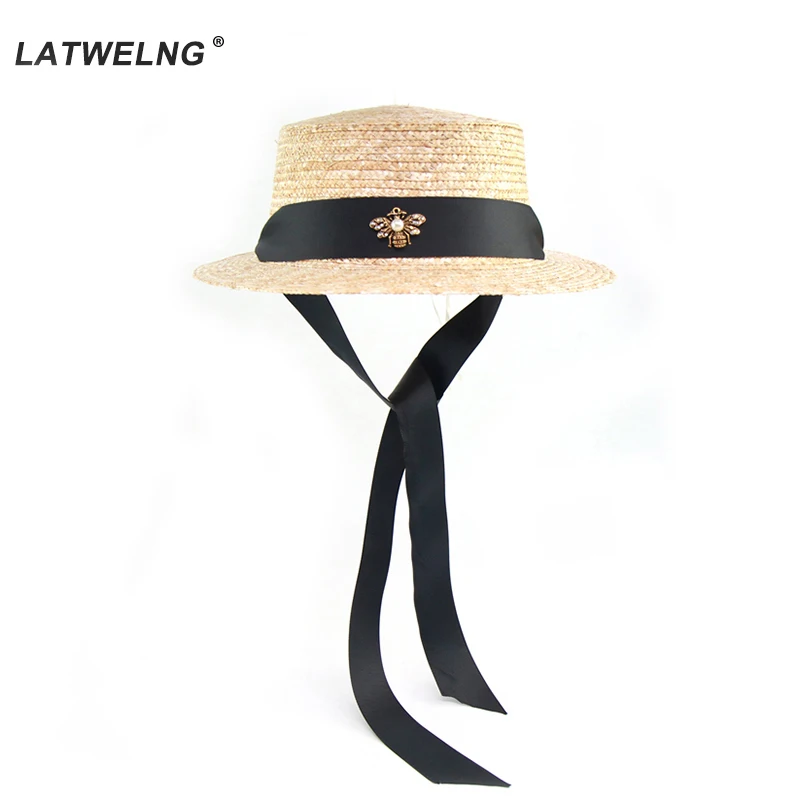 2019 New Designer original Long ribbon women Straw sun protection Hats with Bee Female summer Beach UV Hat Ladies Visor Hats