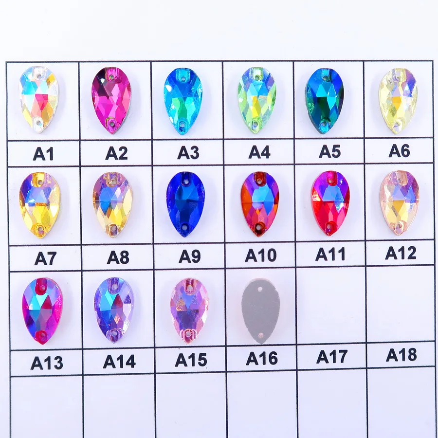 AB Farben Schlanke Wassertropfenform Glaskristalle mit Flacher Rückseite Zwei Löcher 5 Größen Kristalle zum Aufnähen auf Kleidung Schuhe Hochzeitskleid DIY – Detail 3