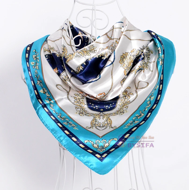 Fashion Female chain Pattern Satin Square Silk Scarf 90*90cm Brand Wine Red Polyester Neck Silk Scarf Printed For Autumn Winter