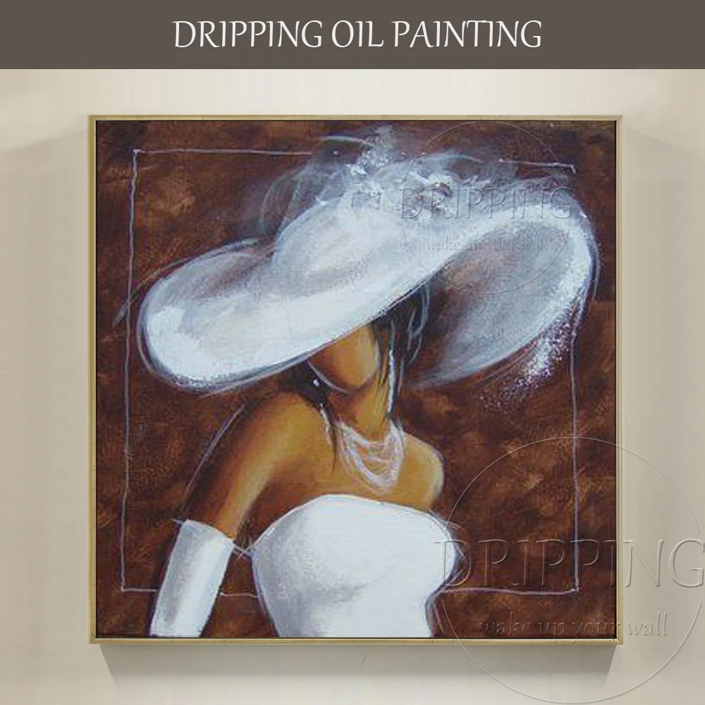 Artist Hand-painted High Quality Modern Lady with White Hat and White Dress Oil Painting on Canvas Lady Figure Oil Painting