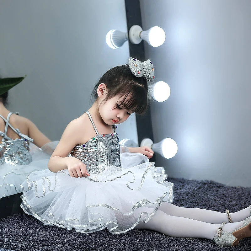 

Cute Girls Strap Bitter Fleabane Skirt dancing Costumes Children Sequins Jazz Modern costume