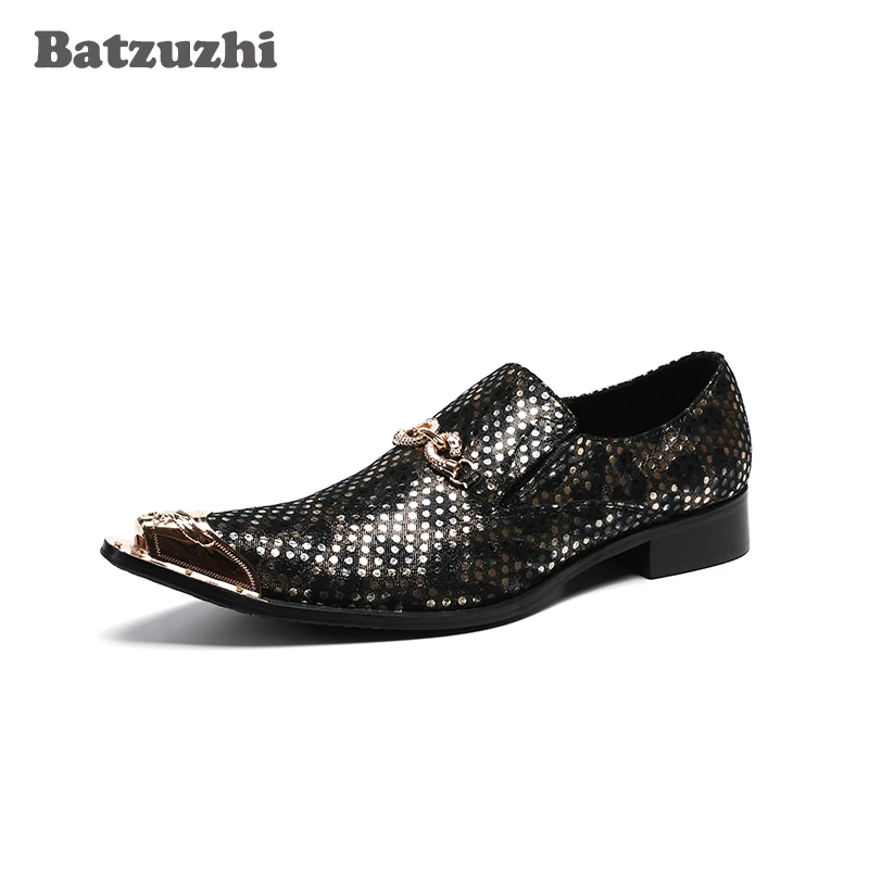 Batzuzhi Italy Style Men's Shoes Pointed Metal Tip Genuine Leather Dress Shoes Men Black Zapatos Hombre Slip On Formal Business