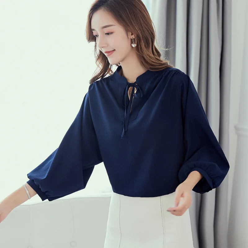 Spring Summer Chiffon Shirt New Women Fashion Loose Pure Color Blouse Office Ladies Korean Leisure Nine Points Sleeve Top H9121