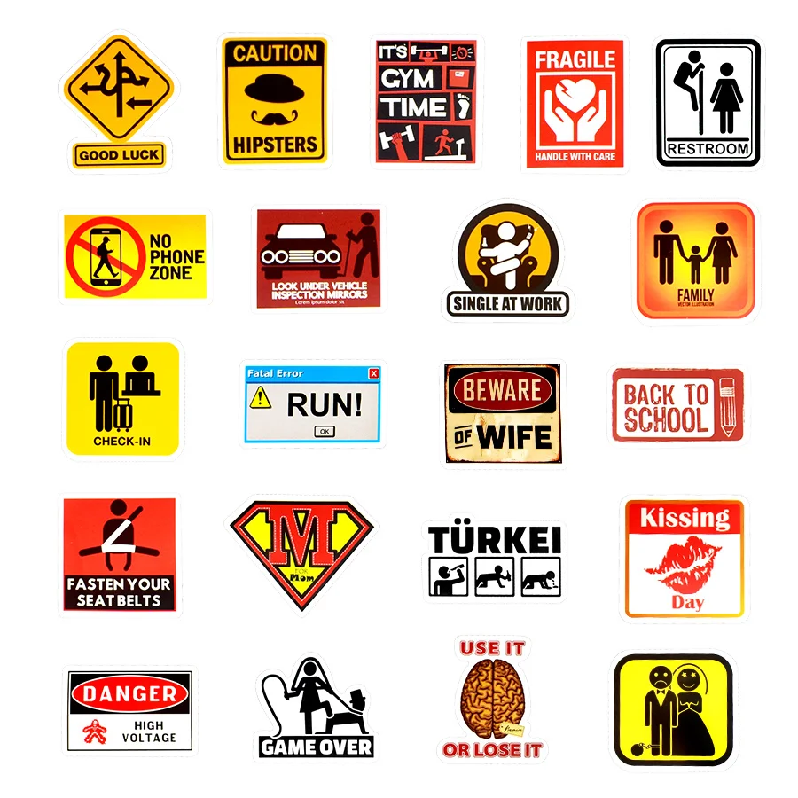 50 PCS Warning Stickers Road Reminder Computer Sign Waterproof Decal Sticker to Car Motorcycle Laptop Luggage Bicycle Snowboard