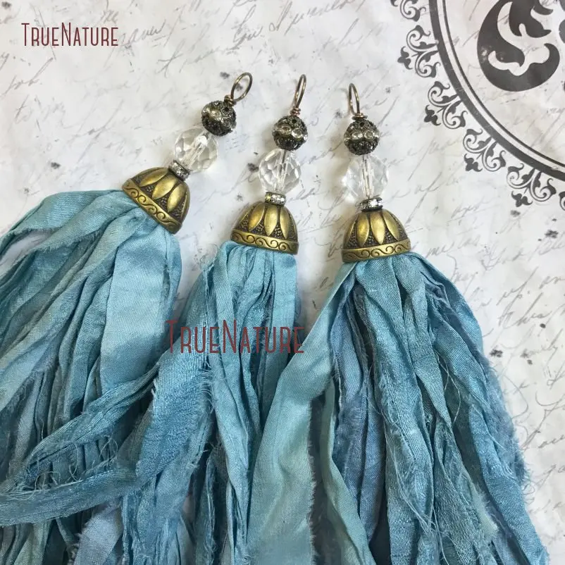 Design Handcrafted Tassel Soft Blue Sari Silk Pendant  Antique Brass Altered Art Large Antique Brass Flower Copper Cap PM14473