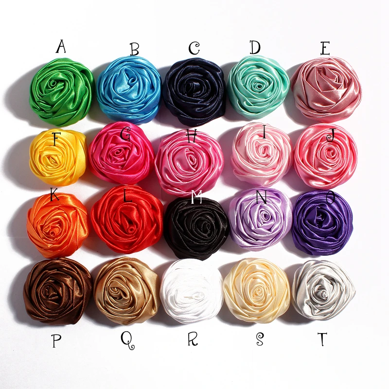 120pcs/lot 5cm 20colors Hair Clips Handmade Rolled Soft Satin Rose Flowers Artifcial Solid DIY Fabric Flowers For DIY Headbands