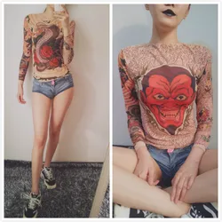 Sexy Women Gothic Punk Tattoo Snake Rose Elastic Mesh Tops Long Sleeve Stretch T Shirts AB Wear Rock Style Tees Ladies T-Shirt