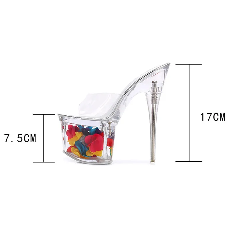 Summer 17cm Thin High Heels Platform Sandals Women Flower Nightclub Dance Shoes Woman Transparent Heel Slippers WS0042