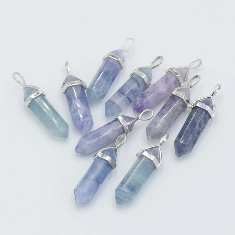 Natural Gem Stone Quartz Bullet Hexagonal Point Fluorite Necklace Pendant Pendulum Column Reiki Healing Charm Chakra Jewelry