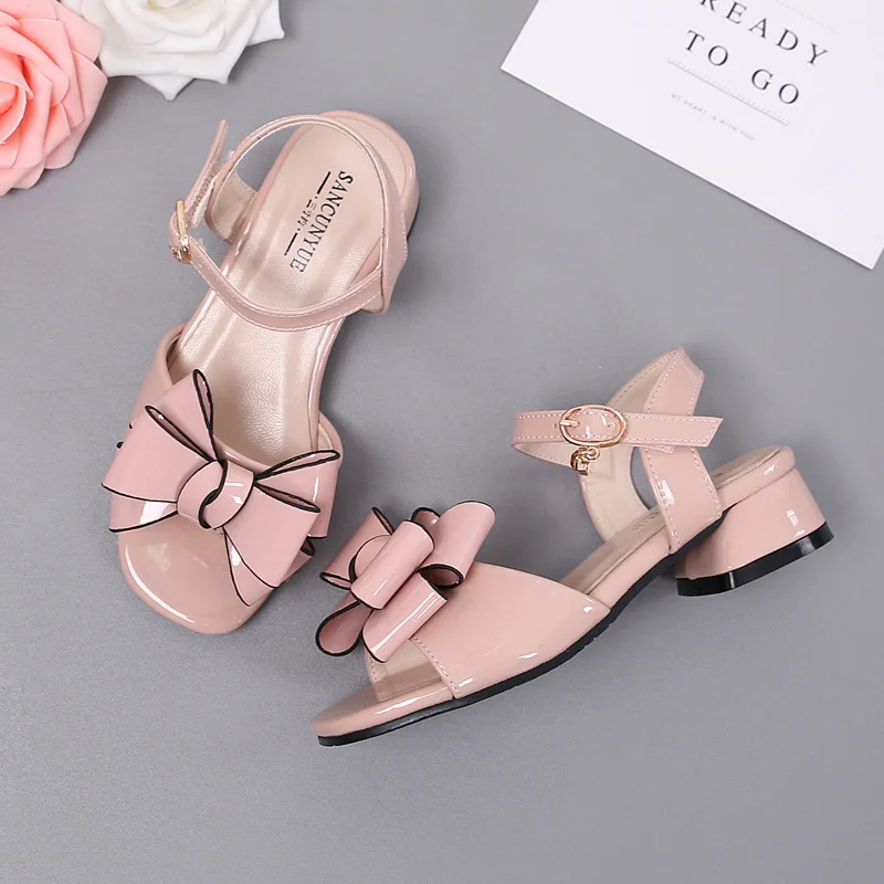 

Bowtie Girls Sandals Summer New Children's Fashion Princess Shoes Buckle Decoration Sweet High Heels Sandals