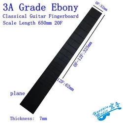 3A All Black Ebony Wood Fretboard For Classical Guitar 20 Frets Standard 650mm Chord Length Semi-finished Fingerboard Material