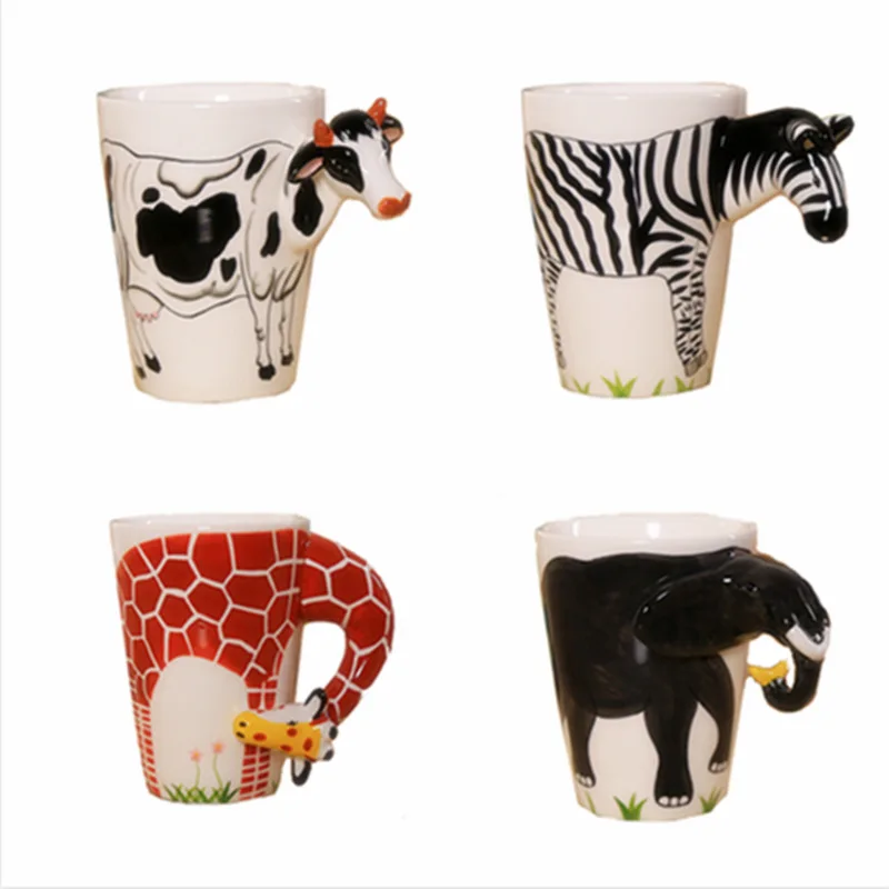 High quality Ceramic 3D Mug,coffee milk puer tea mugs 3D animal shape Hand painted animals Giraffe Cow Monkey cup gift