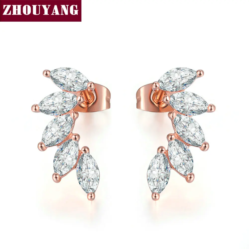 ZHOUYANG Stud Earrings For Women Cubic Zirconia Angel Wings RoseGold Color / Silver Color Fashion Jewelry KC164 KC165 KC173