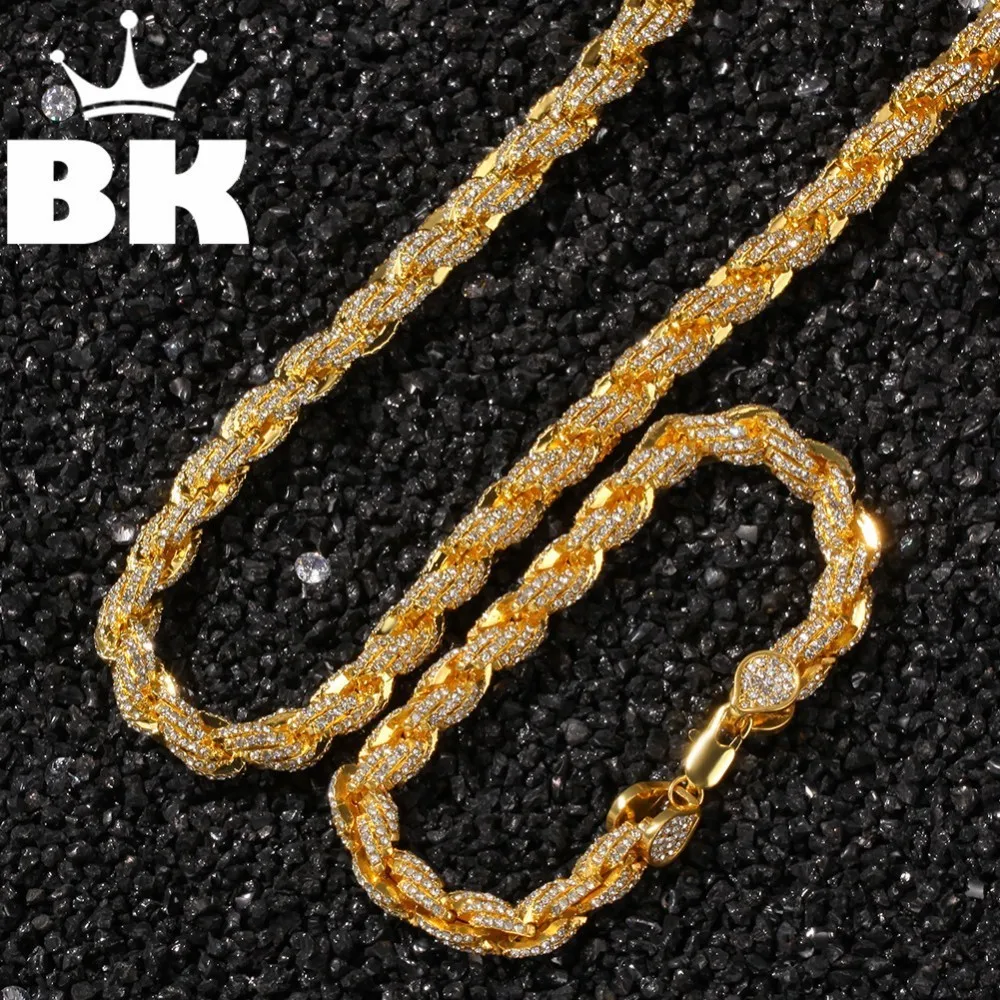 THE HIP HOP KING NE+BA 9mm Hip Hop Gold Color Iced Out Crystal Miami Rope Chain Gold silver color Necklace & Bracelet Set  HOT