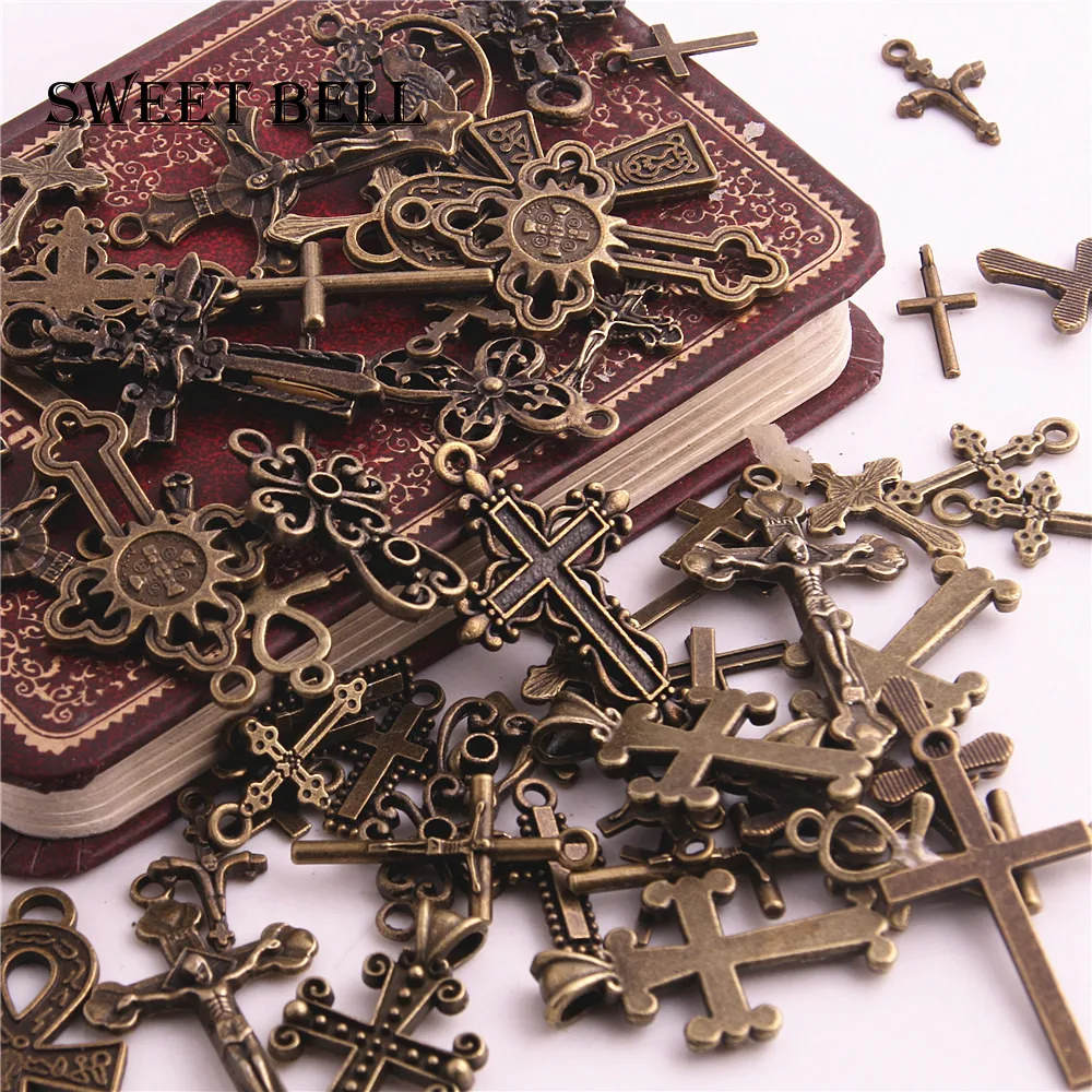 SWEET BELL 60Pcs Vintage Metal Mixed Cross Charm for Jewelry Making DIY Handmade DIY Handmade Craft Cross Pendant Charm H3022