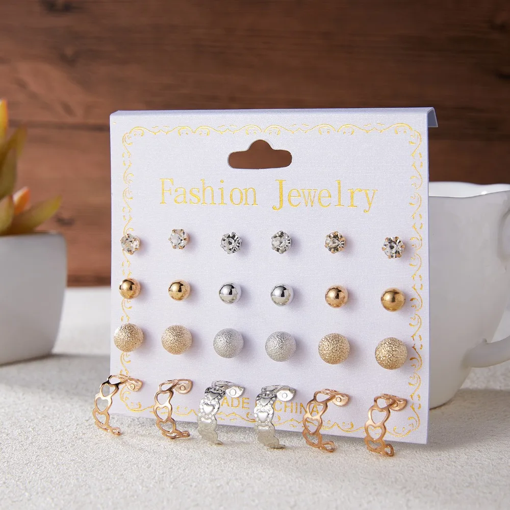 Rinhoo 12 pair/set Zircon Round Ball Imitation Pearls Stud Earring Sets Flower Classic Women Metal Girl Gift Mix Jewelry Earring