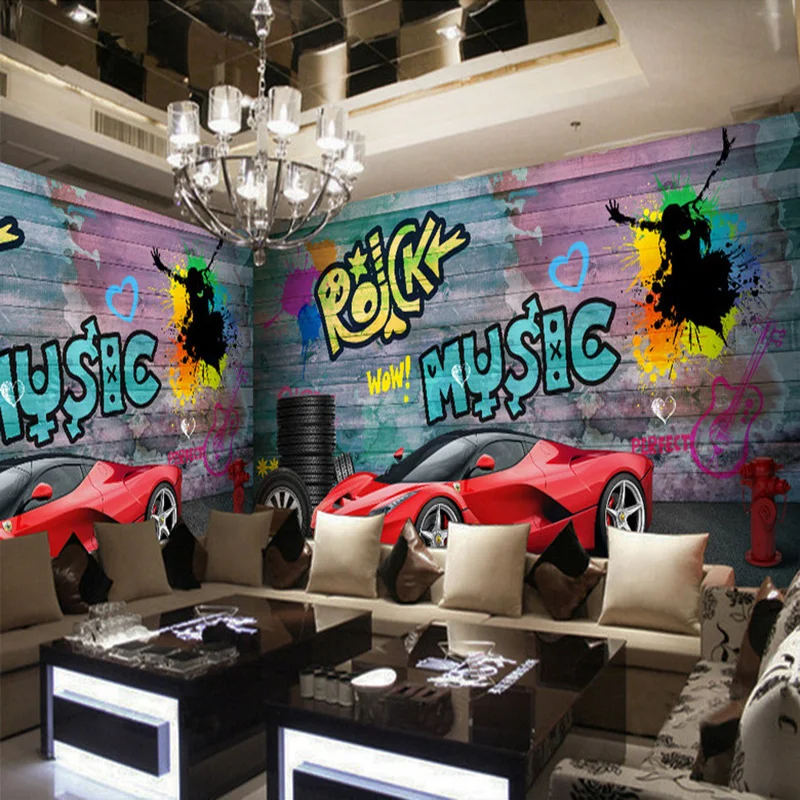Custom Any Size Mural 3D Stereo Red Sports Car Graffiti Wallpaper Retro Cafe Restaurant Backdrop Wall Decor Fresco Papel Murals