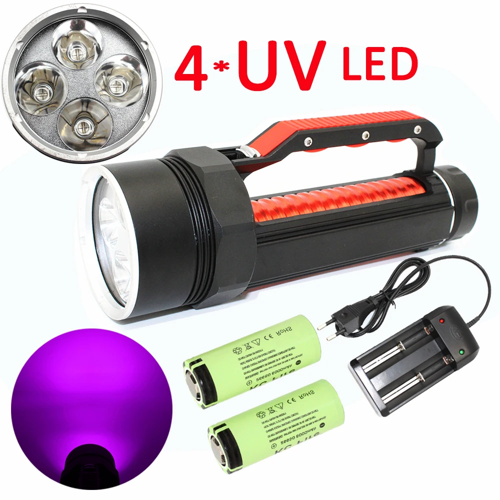 水中LEDダイビング懐中電灯,4x uv,395nm紫外線,紫,防水,懐中電灯,2x22650バッテリー充電器