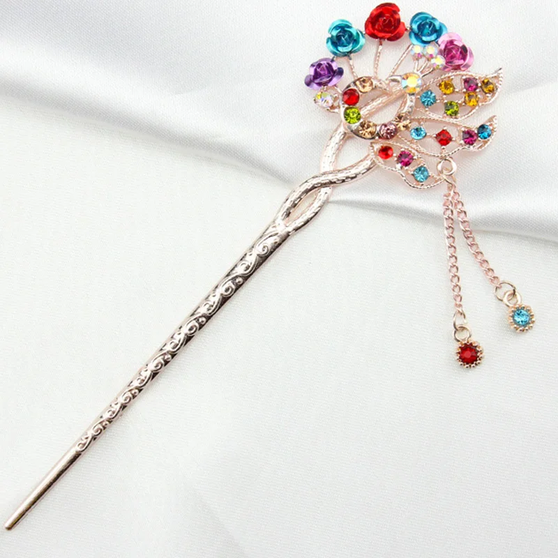 Women Elegant Vintage Hairpins Colorful hair pin Rhinestone flower design Hair Sticks Bridal Wedding Party