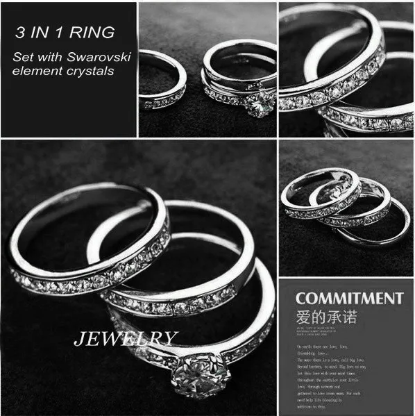 CHRAN Rhodium Plated CZ Stone Classic Stack 3 in 1 Paved Bands Fashion Crystal Wedding Rings For Women